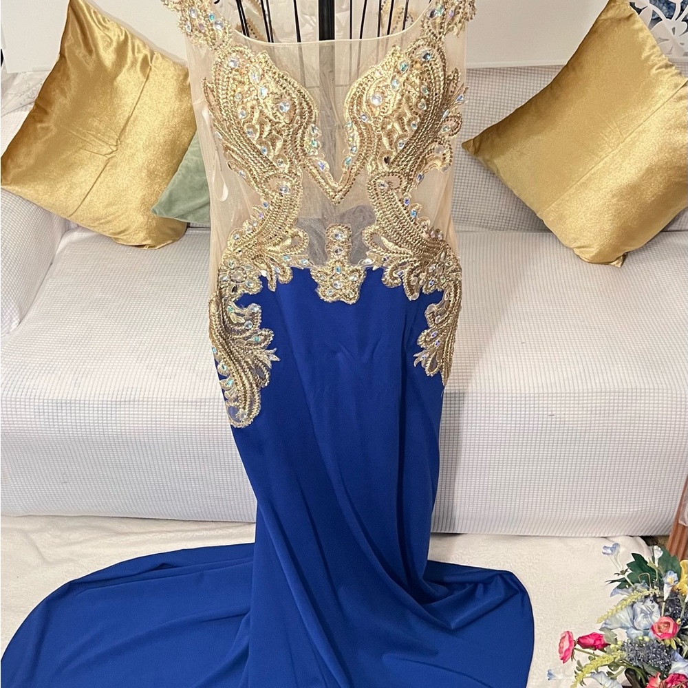 Elegant Blue and Gold Evening Gown